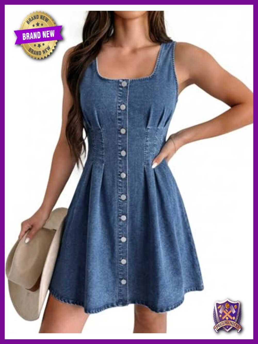 Sleeveless Denim Babydoll Dress Cinched Waist Square Neck Mini